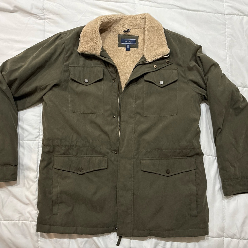 NWT IZOD MENS OLIVE GREEN FIELD JACKET WITH SHERPA TRIM SIZE MEDIUM $160